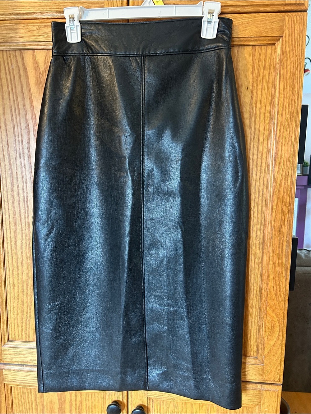 Babaton Black Faux Leather Pencil Skirt with Center Seam